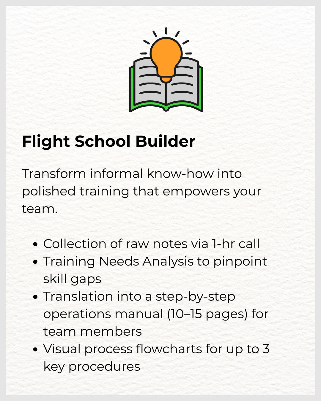Flight School Builder Transform informal know‑how into polished training that empowers your team. Flight School Builder Orange Aviary LLC