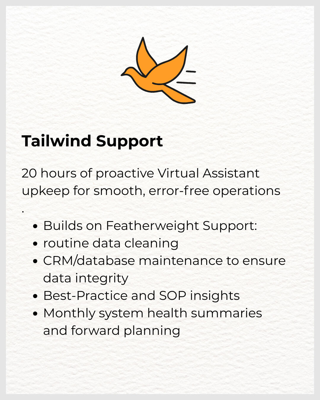 Tailwind Support Extended VA + proactive data upkeep for smooth, error‑free operations. Tailwind Support Orange Aviary LLC